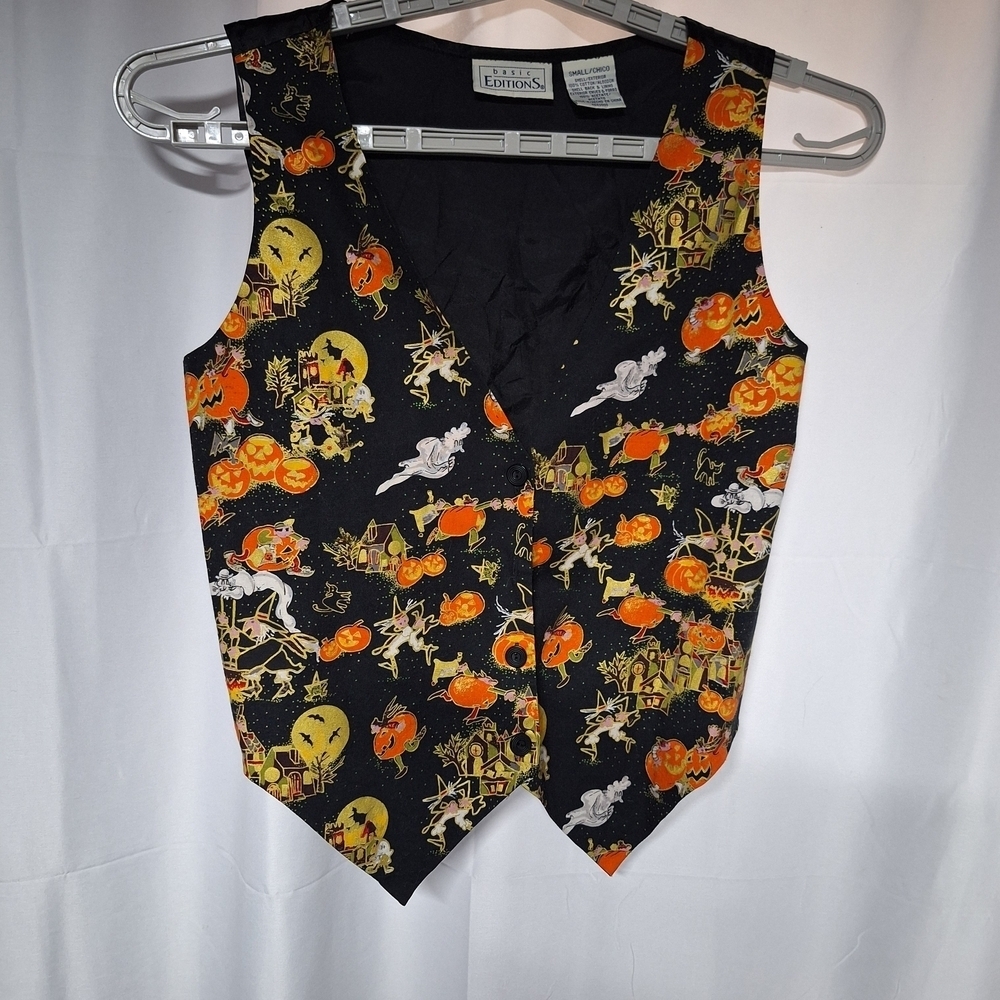 Basic Editions Black Halloween Vest with Orange Pumpkins